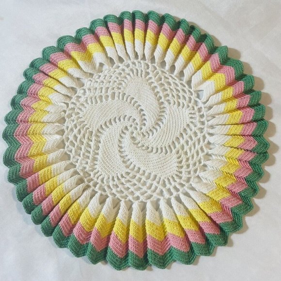 Handmade Crocheted Doily Pink Green Yellow White Ruffled 11” Vintage - Picture 3 of 9